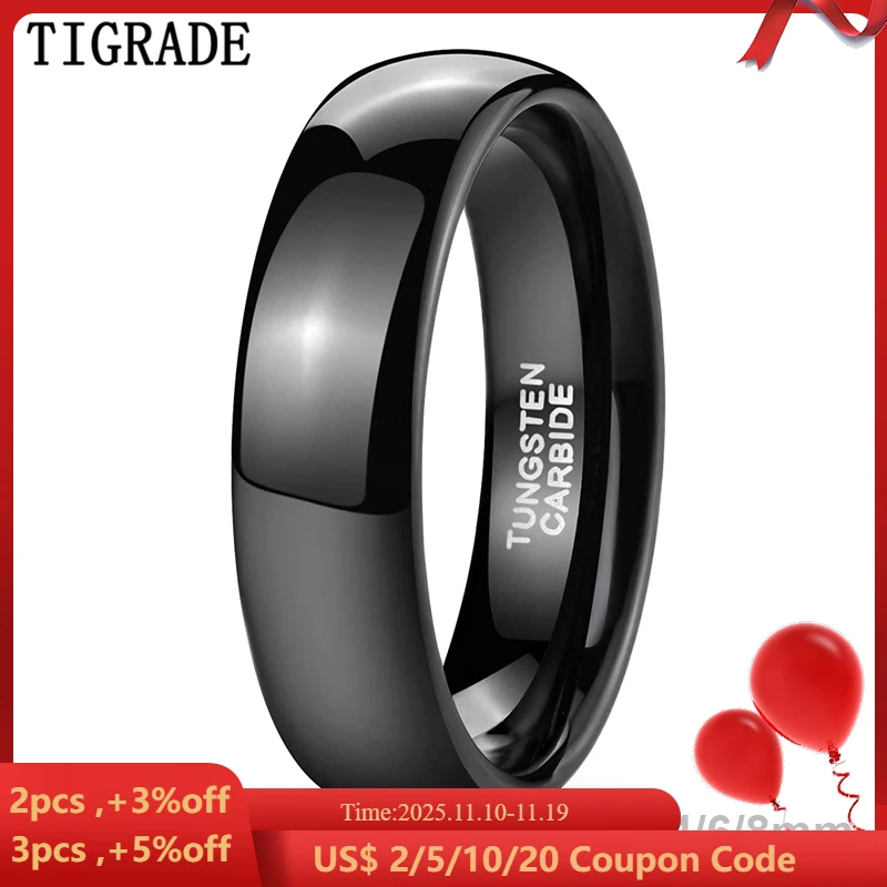 TIGRADE 2/4/6/8mm Black Ring Men Women Polished Tungsten Carbide Wedding Band Engagement Ring Unisex Lover Name/Date Engraving