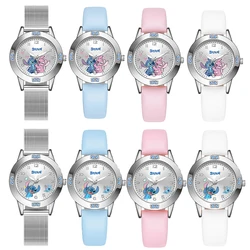 Miniso Anime Cartoon Disney Angie Stitch Round Diamond Quartz Girls Watch Fashion Children Leather Steel Belt Watch Kids Gift