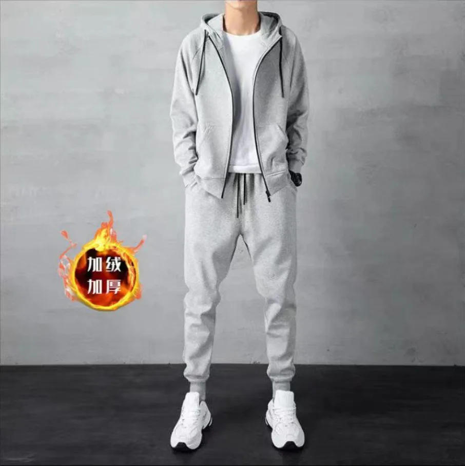 

2025 Autumn/Winter New Men's Hooded Sweatshirt Set Warm Wool Lining Thick Coat Long Pants Casual Fashion Sportswear 2pcs