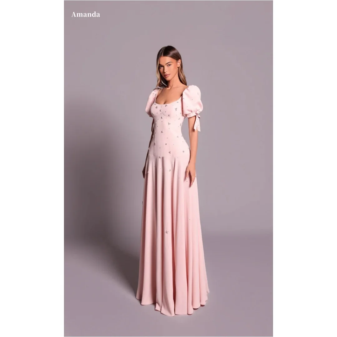Amanda Customized Blush Pink Square Neck Puff Sleeve Beaded Prom Dress Bow Detail vestidos de noche Formal Evening Fitted 2025