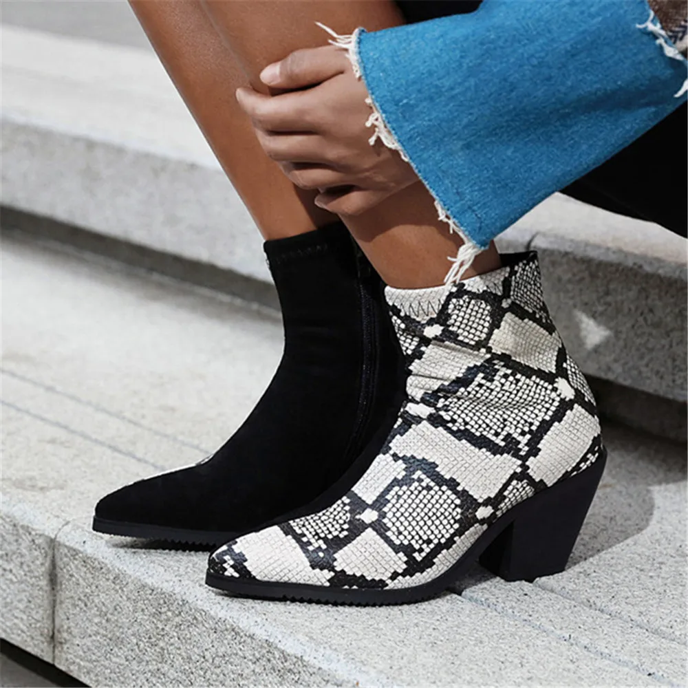 Brand Women Snake Print Winter Boots Women Ankle Boots Platform Pointed Toe Western Cowboy Boots Female Thick Heel Shoes Botas