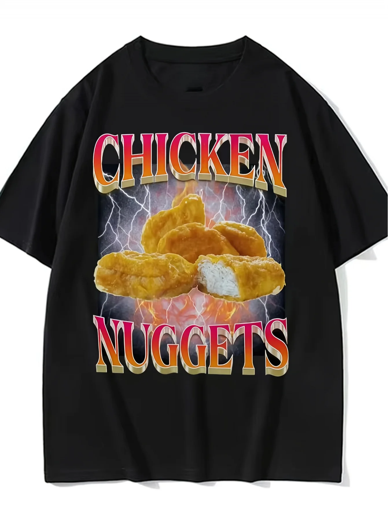 Humorous Retro Graphic Tee Featuring Chicken Nuggets - Black Fast Food Flame Design - Comfortable for Both Men And Women, Witty