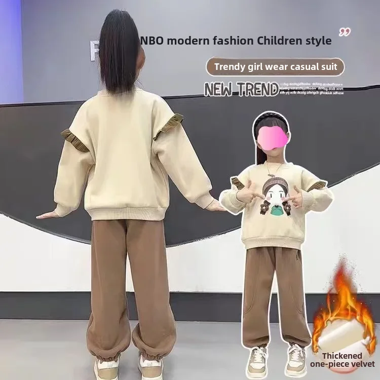 مجموعة الخريف للأطفال مبطنة بالصوف كم طويل بلوزات 2024 نمط جديد عادية رياضي 2 قطعة مجموعة للفتيات