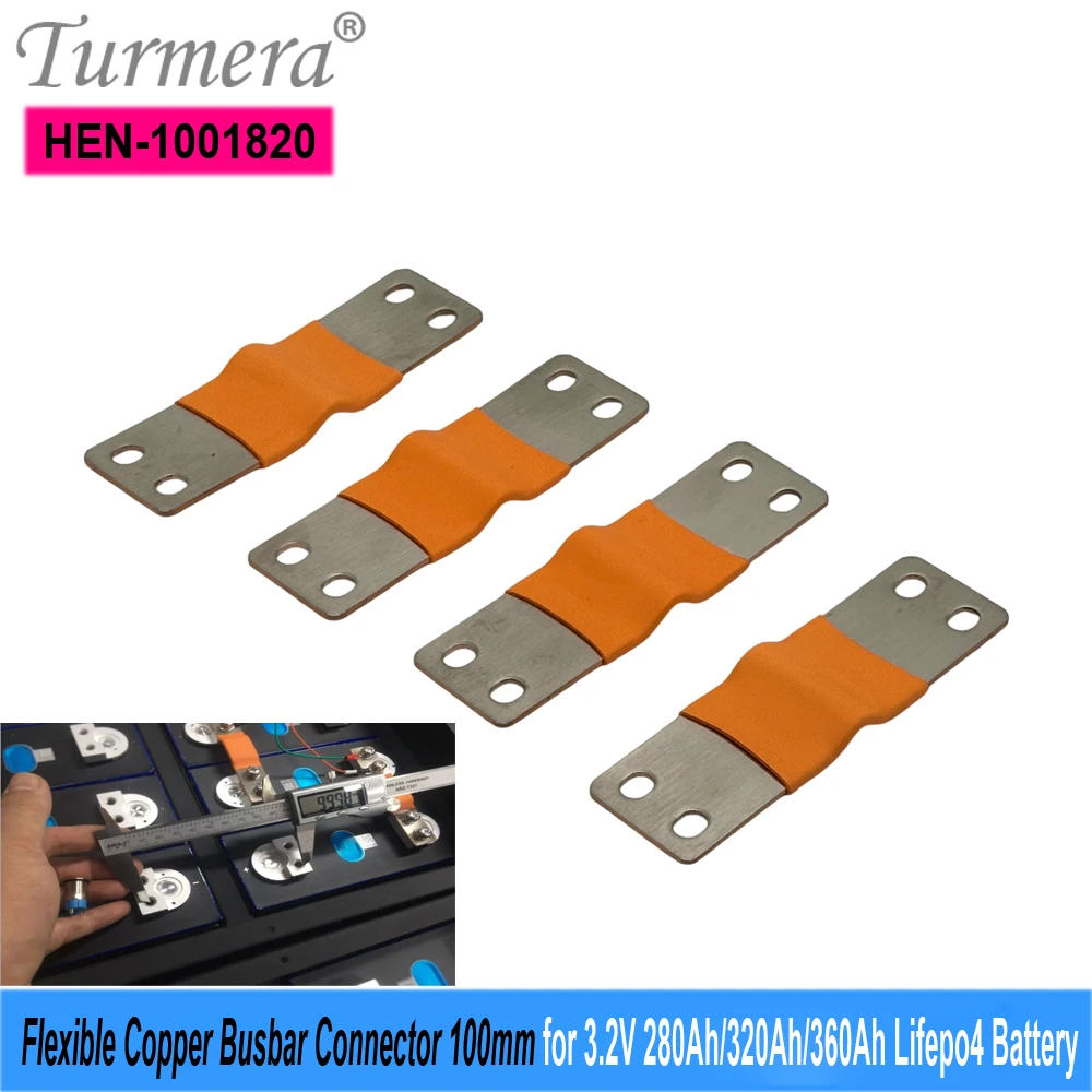 Turmera 12V 24V 48V Flexible Copper Busbar Connector 100mm Pitch 2mm Thickness Use in 3.2V 280Ah 320Ah 360Ah Lifepo4 Battery DIY