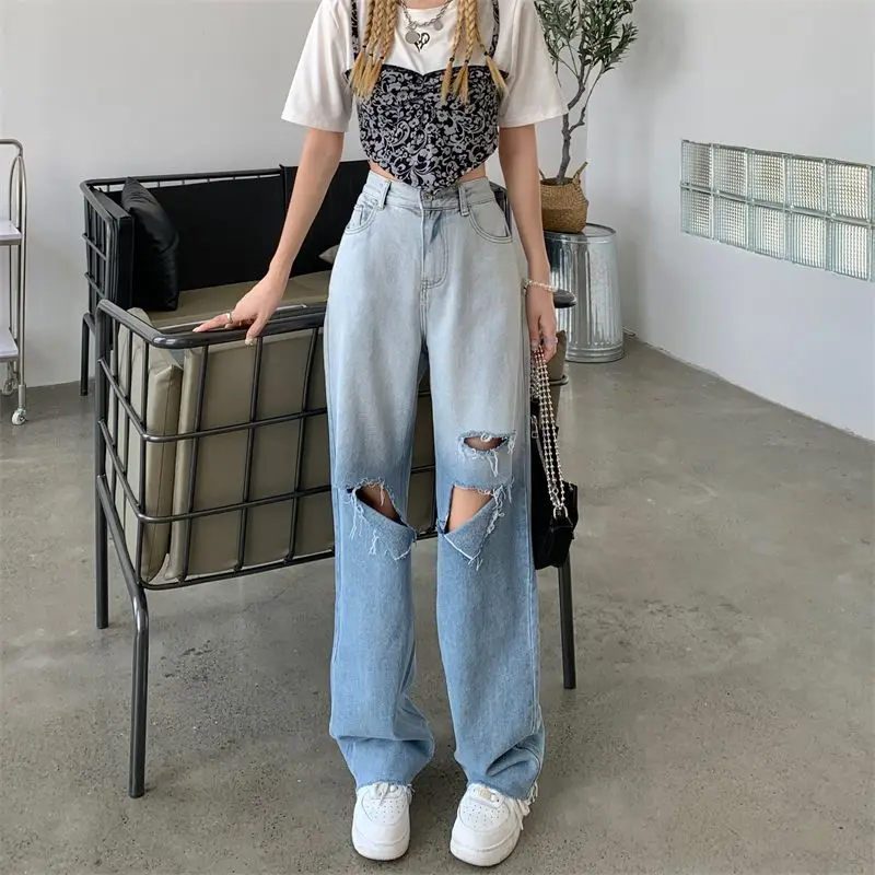 2023 New Gradient Perforated Jeans Women's Loose Design High Waist Wide Leg Pants Versatile Straight Leg Pants