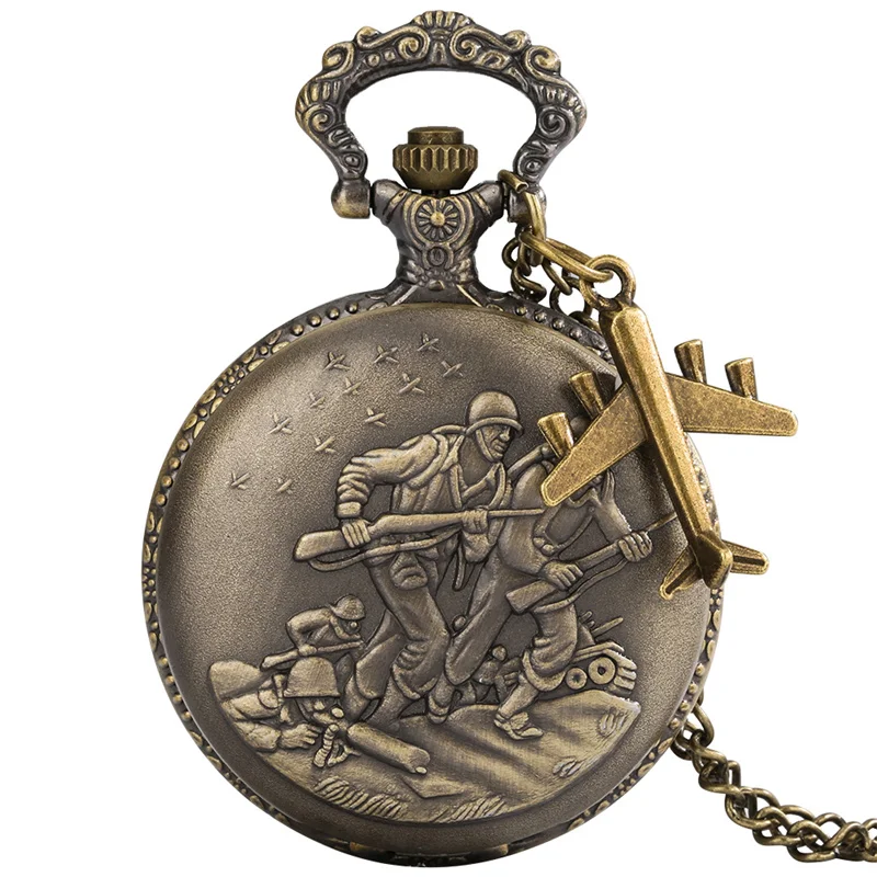 Vintage Bronze Soldier Battle Embossed Full Hunter Analog Quartz Pocket Watch with Pendant Airplane Charm Chain Gift for Men