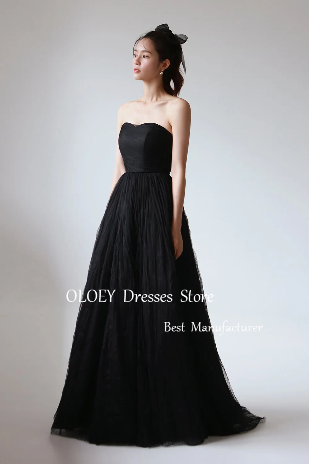 OLOEY Simple Black Prom Dress Korea Wedding Photoshoot Sweetheart Long Party Dress With Detachable Sleeves Bolero Soft Tulle