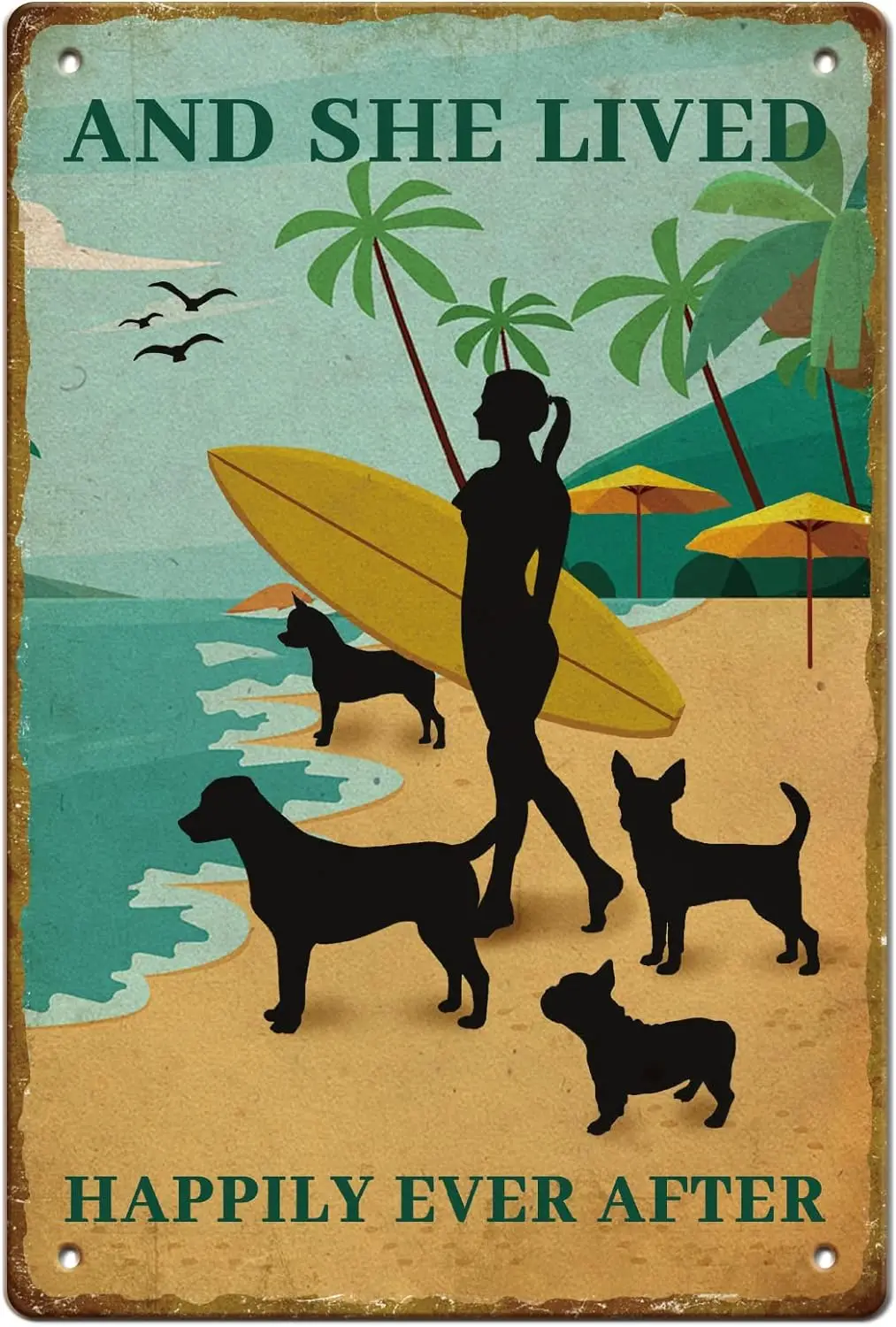 Surfing Girl Tin Sign 4 Dogs Beach Vintage Metal Tin Signs She Lived Happily Funny Wall Art Painting Metal Decor for Beach Park