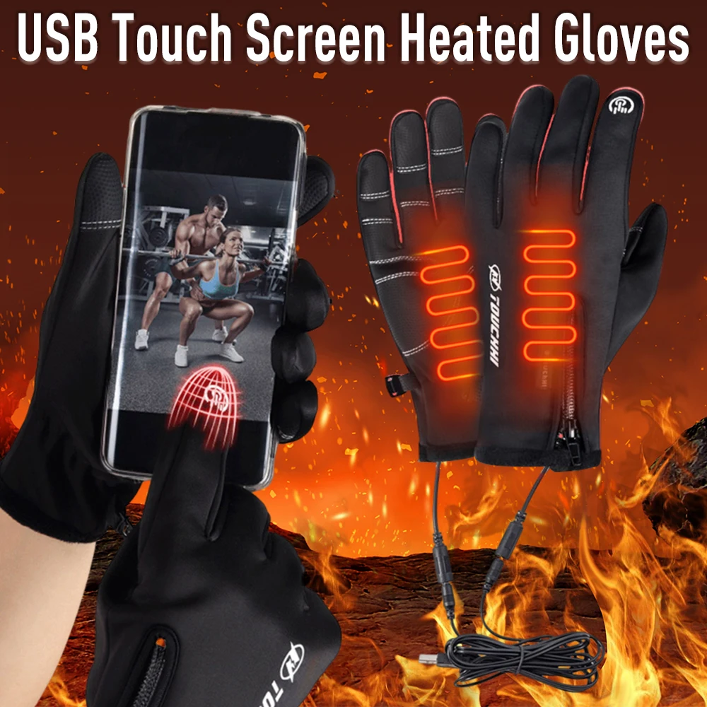 

USB зимние теплые полные пальцы с электрическим подогревом водонепроницаемые велосипедные перчатки для спорта на открытом воздухе, бега, мотоцикла, лыж, флисовые перчатки с сенсорным экраном