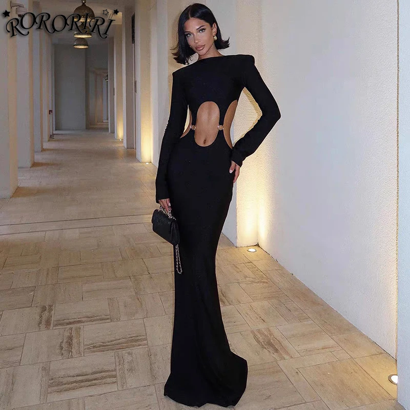 Roriri sexy recorte preto maxi vestido longo feminino anel deocr ponto mangas compridas magro bodycon sereia vestido de festa retro de uma peça