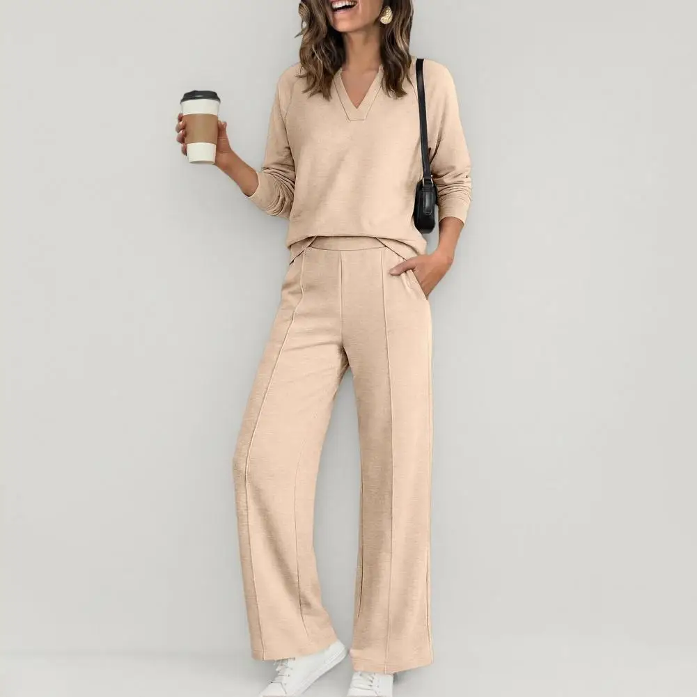 Women Sweatshirt Pants 2-Piece Set V-Neck Long Sleeve Top & Wide Leg Trousers with Elastic Waist Solid Color Matching Lounge Set