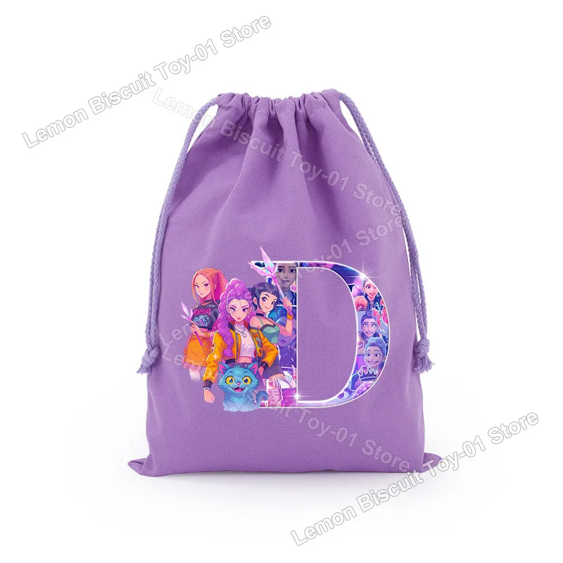 KPop 악마 사냥 시리즈 Drawstring 가방 보라색 문자 A-Z 여성 방진 메이크업 가방 귀여운 캔디 스낵 파우치 생일 선물