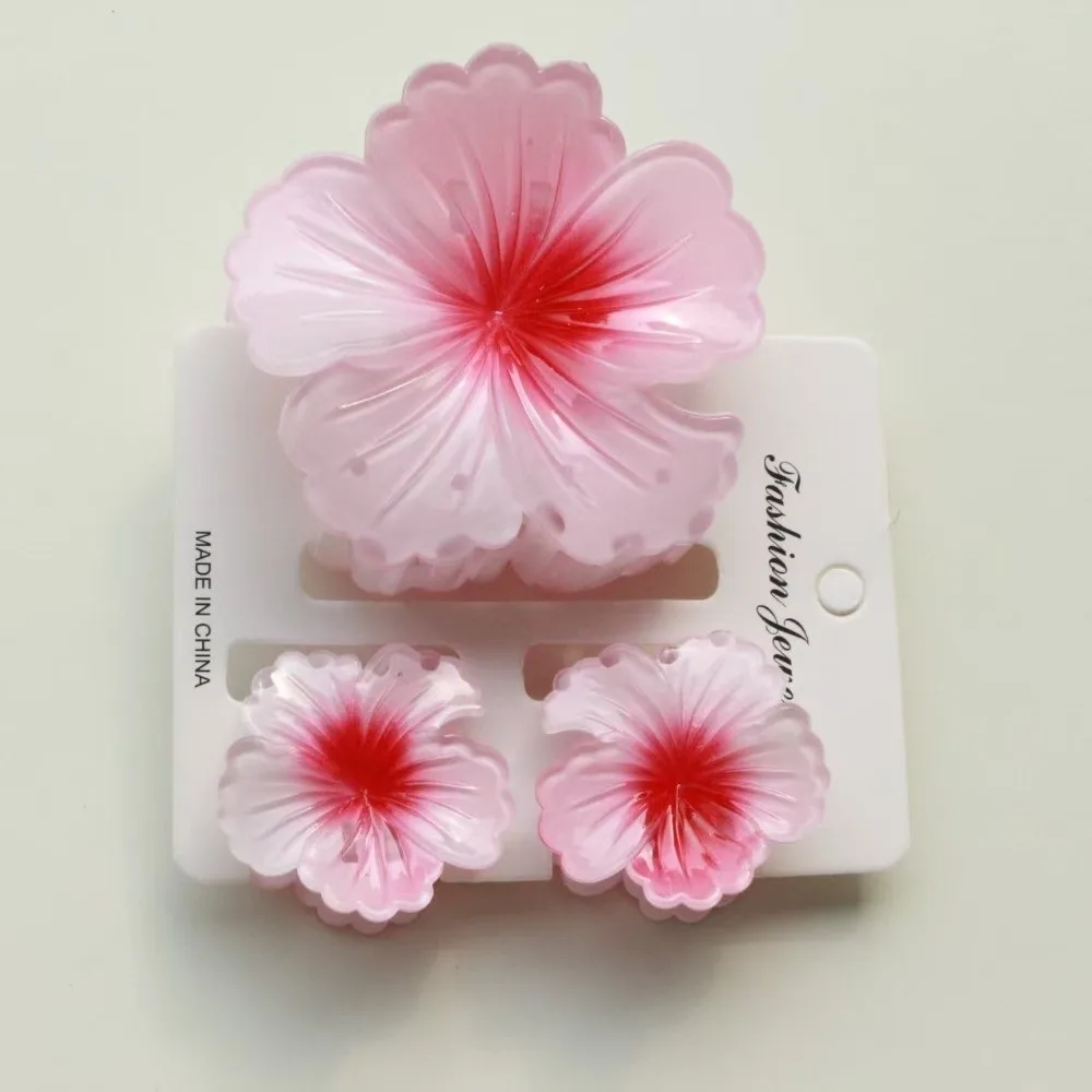 3-teiliges Set Farbverlauf-Haarklammern Hibiskus Acryl Hawaiianische Blumen-Haarspange Süße Blumen-Pferdeschwanzklammer Sommer-Haaraccessoires – Detail 2