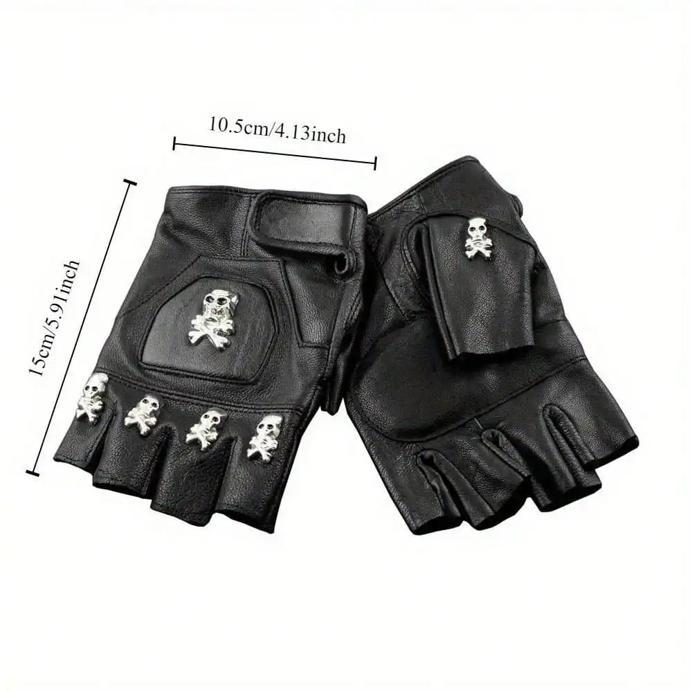 Mens Real Leather Skull Punk Rocker Driving Motorcycle Biker Fingerless Gloves，sm25051313996018177
