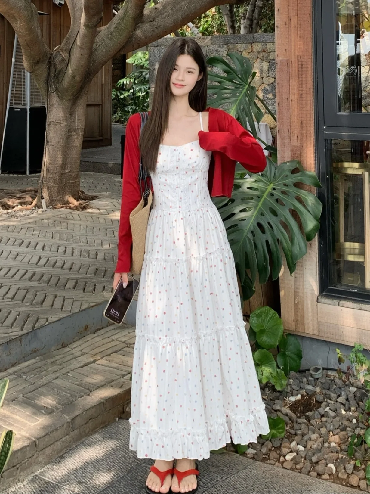 

plus Size Sweet Two-Piece Set Spring Summer New Polka Dot Strapless Dress Meat Concealing Long Sleeve Open Cardigan Top