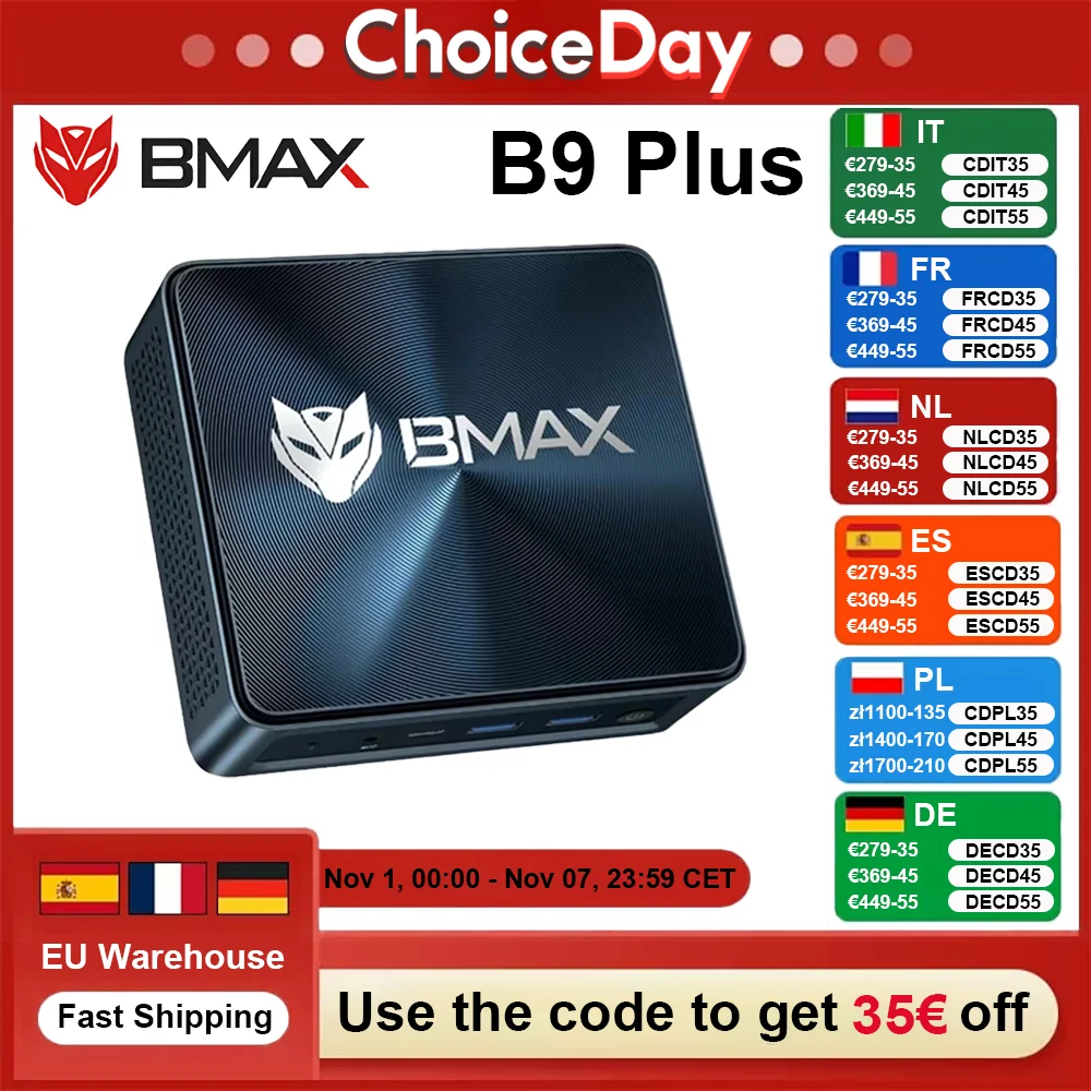 BMAX Mini PC B9 Plus 24 Go LPDDR5 RAM 512 Go SSD Intel Core i5-1250P 12 Noyaux Max 4,4 GHz WiFi 6 Bluetooth 5.2 DP HDMI 2.1