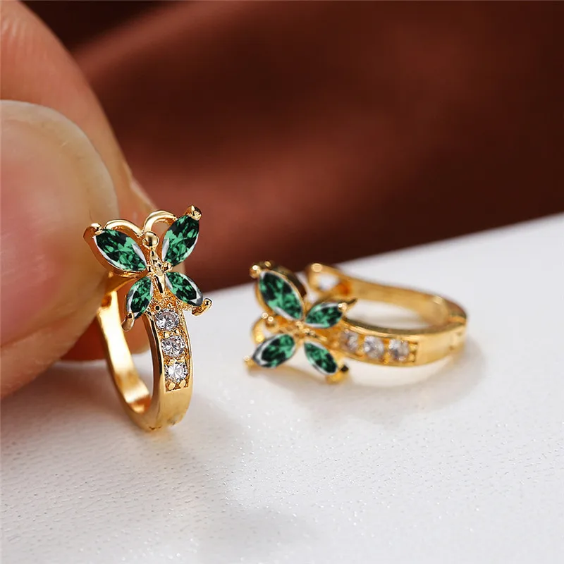 Cute Femal Crystal Stone Butterfly Hoop Earrings Vintage Gold Color Bridal Rainbow Zircon Small Wedding Jewelry For Women