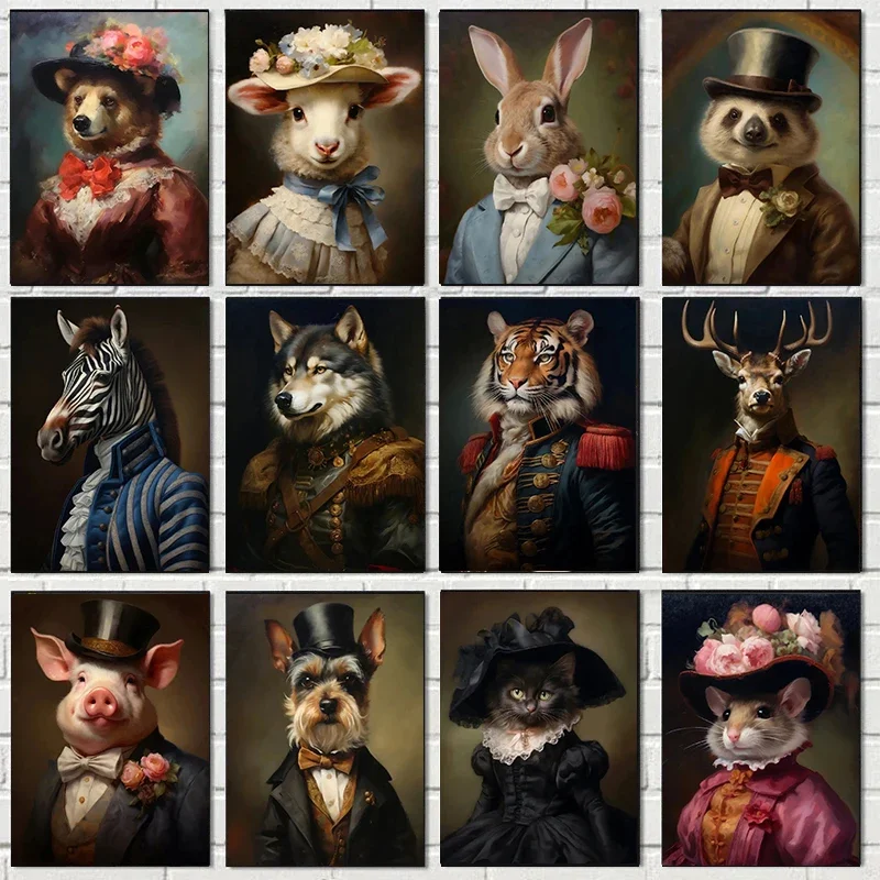 Vintage Palace Aristocrat Gorgeous Costume Animal Tiger Lion Rabbit Art Poster Canvas Paintings Wall Art HD Pictures Home Dec