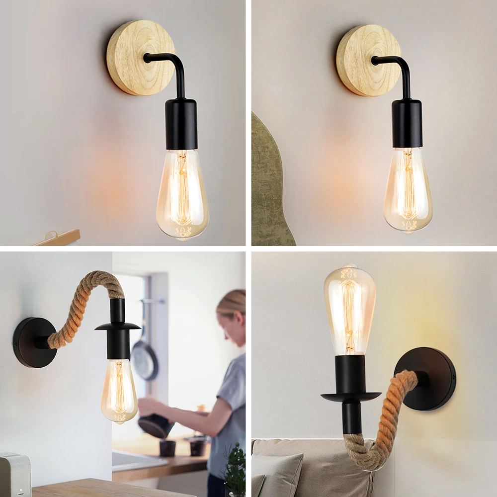 Industriële Decor Binnenverlichting Vintage Retro Henneptouw Wandlamp Blaker Wandlampen E27 Bedlampje Eetkamer Slaapkamer Houten