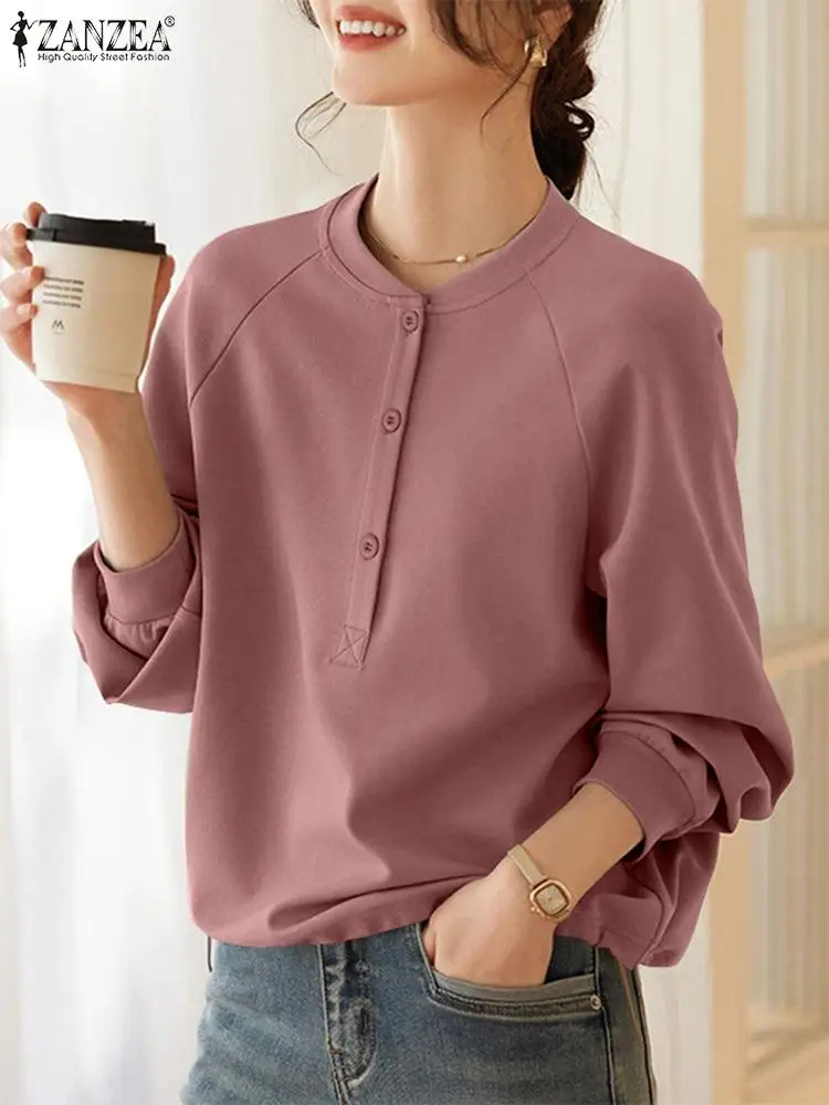 ZANZEA Women Solid Sweatshirt Casual Loose Round Neck Sweater Korean Long Sleeve Tops Autumn 2024 Female Drawstring Hem Tunics