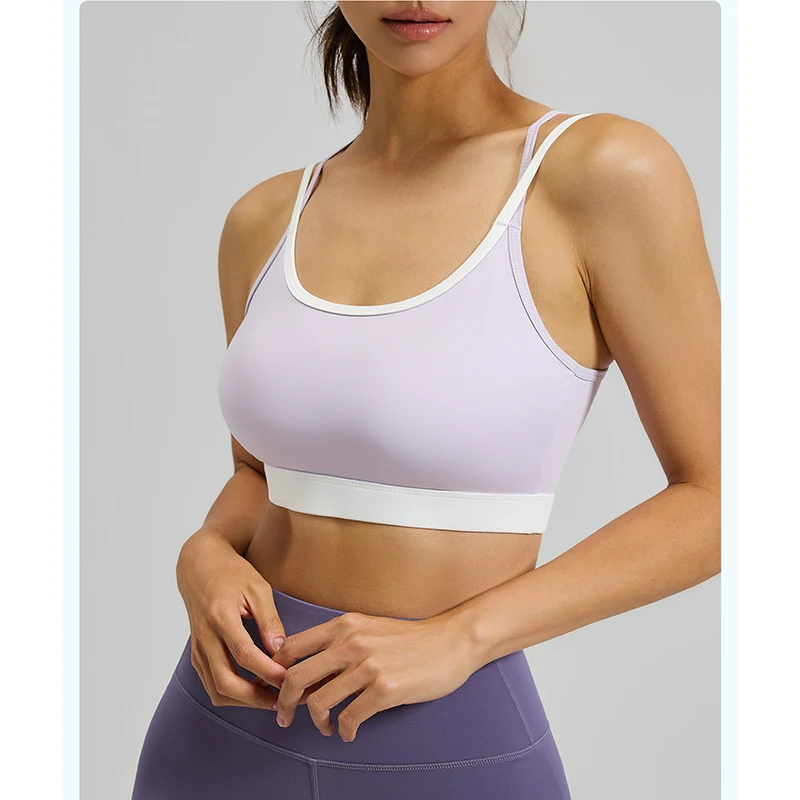 Summer Hot Sale Fashion Color Block Sports Bra Women Shockproof Push Up High Impact Yoga Bras with Fixed Built-in Pads