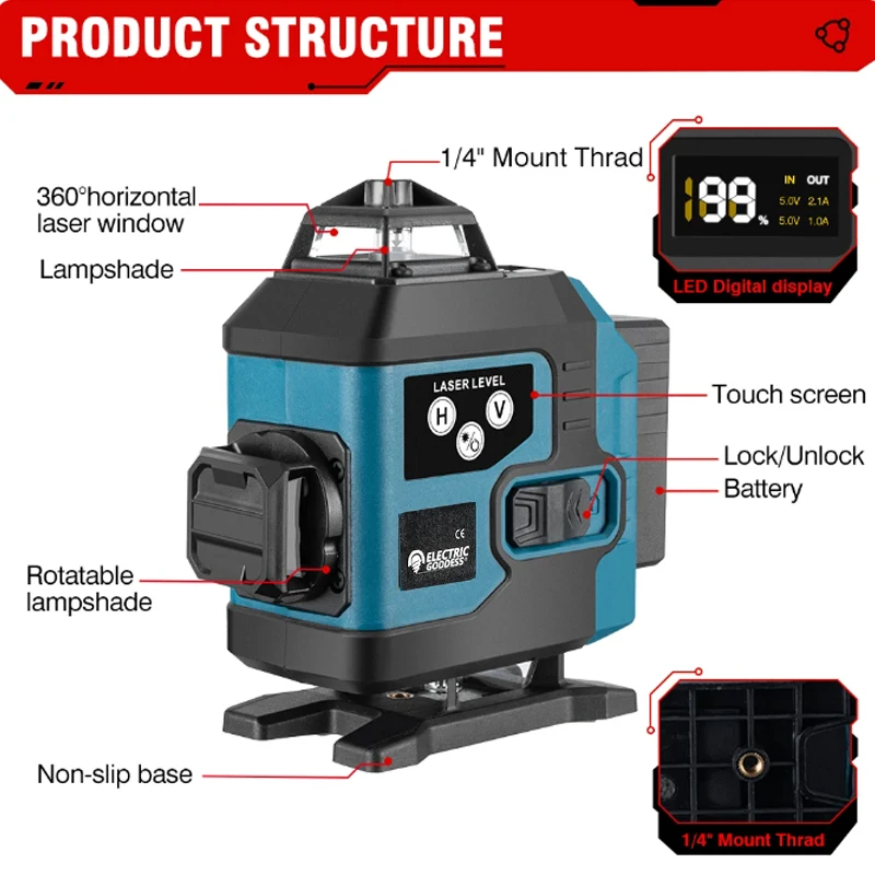 เลเซอร์ระดับ 16 เส้น 4 มิติ พร้อมจอแสดงผลดิจิตอล 360 องศา แนวตั้ง แนวนอน แบบชาร์จไฟได้