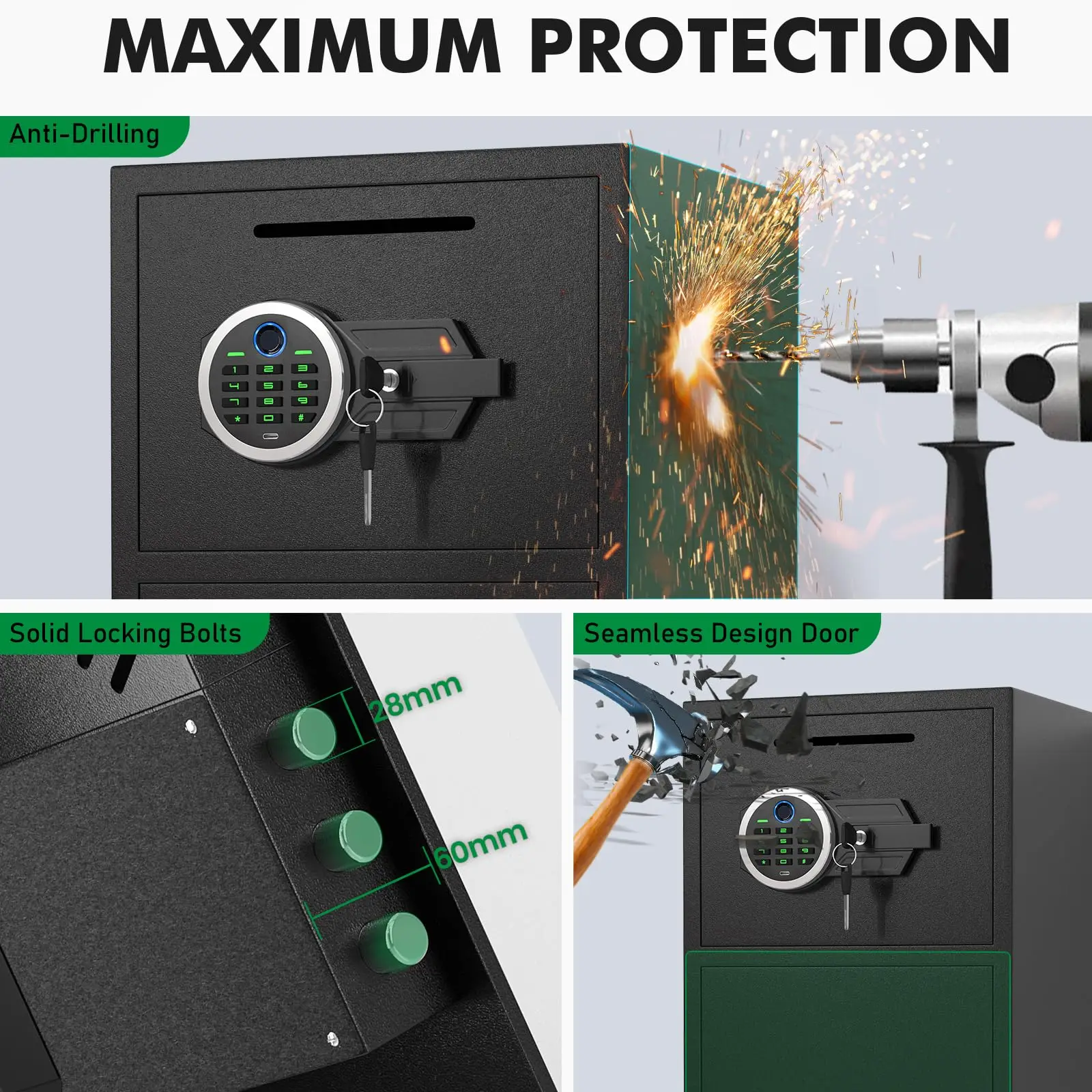 [2025 NEW] 6.0 Cub Fingerprint Money Safe with Drop Slot & Metal Deposit Storage Box, Large Home safe Fireproof Waterproof