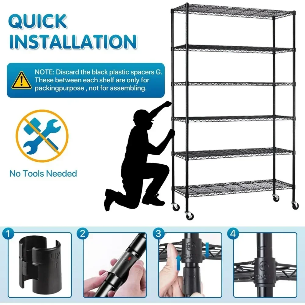 6 Tier Adjustable Wire Shelving Unit w/ Wheels,Heavy Duty Commercial Grade Storage Metal Shelving Rack for Garage Pantry Kitchen