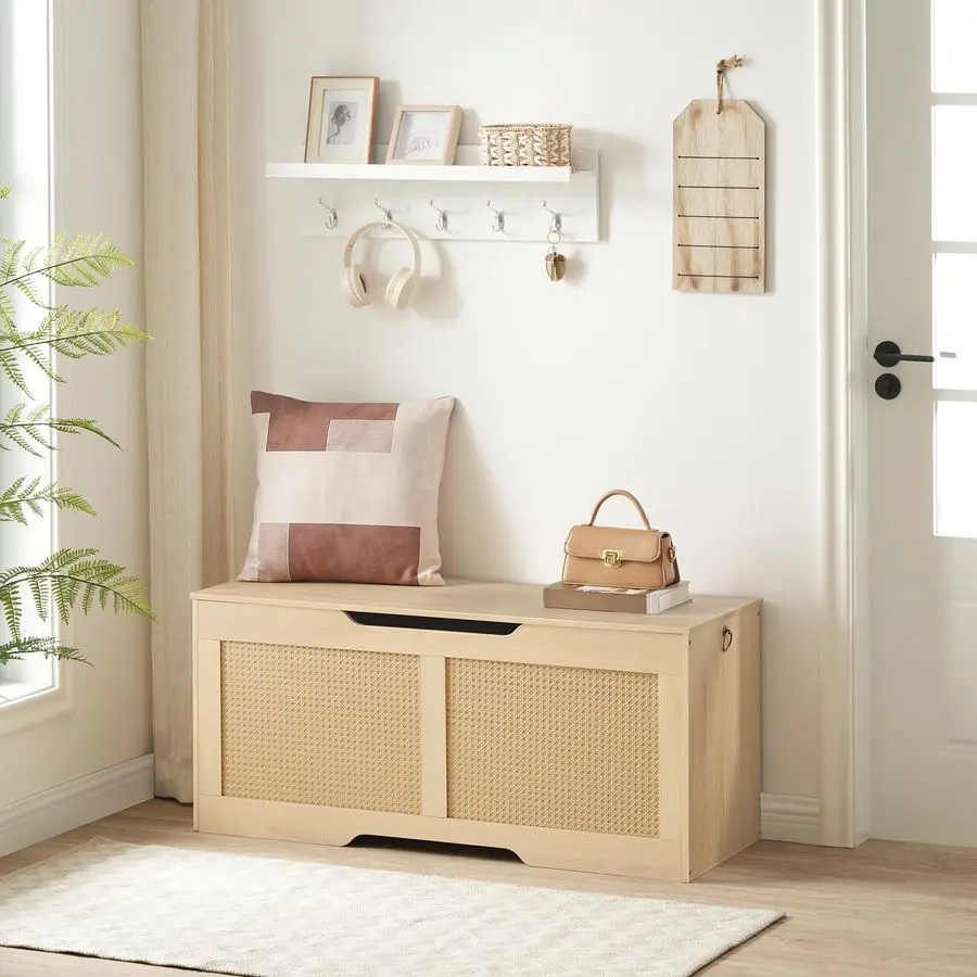 Storage Bench, 43.3 Toy Box, RattanLike Storage Chest, Sturdy Entryway Bench Supports 220 lb, Toy Chest, Safety Hinge, UShaped O