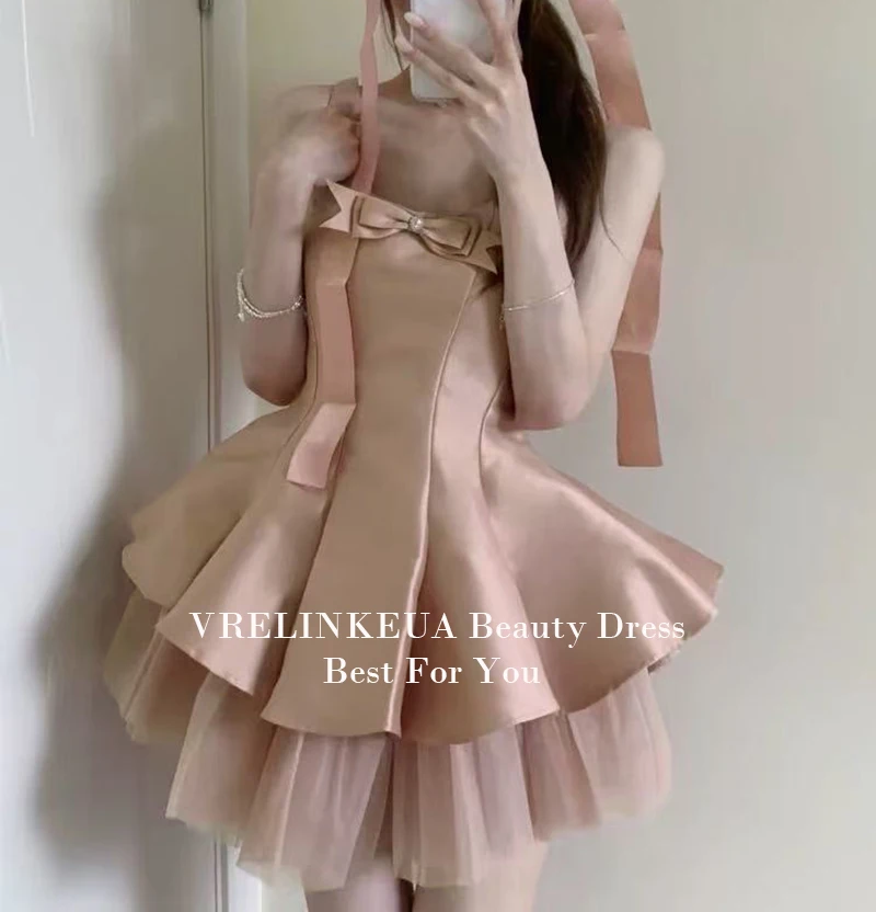 

Платье для выпускного с квадратным вырезом и бантом, украшенное кристаллами, А-силуэт, многоярусное, из атласа и тюля, короткое, мини-платье для выпускного вечера, коктейльное платье, на заказ