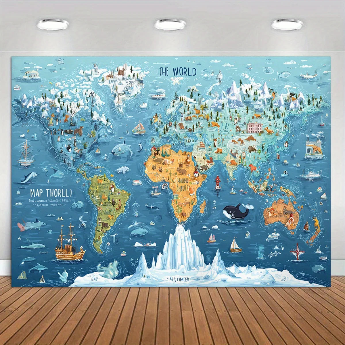 Bannière plate 2D, 1 toile de fond en tissu avec carte du monde - Affiche éducative de géographie - Tissu polyester durable XY