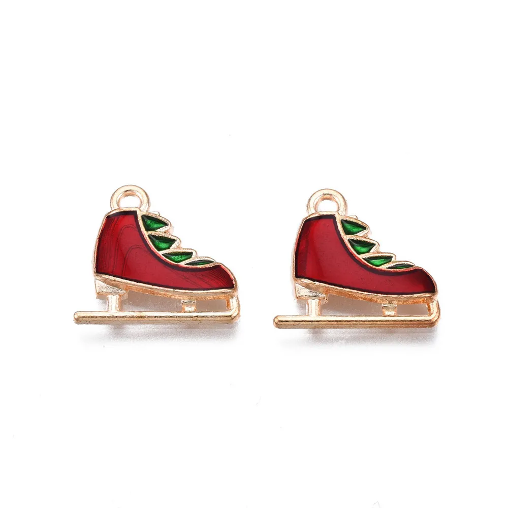 10Pcs Christmas Alloy Enamel Skating Shoes Pendants Light Gold Skating Shoes Metal Charms Pendant Dark Red Jewelry Making Charms
