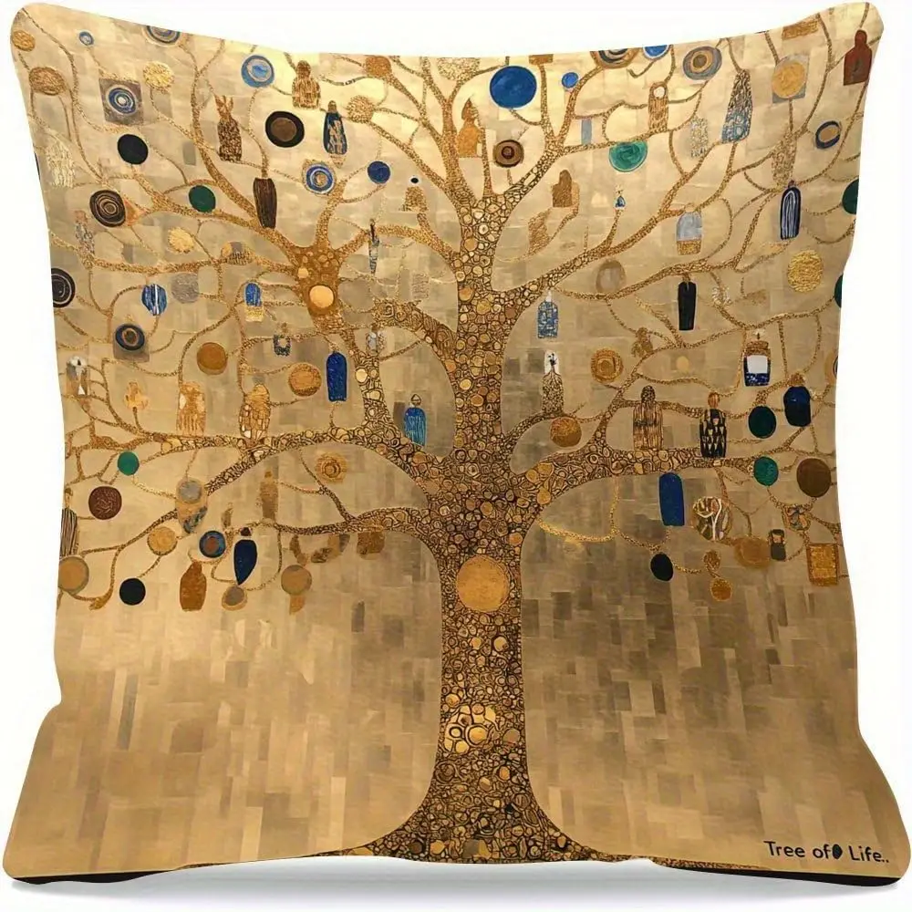 Image of Doppelseitiger Gustav Klimt Baum des Lebens Dekokissenbezug – Art Nouveau Golddruck 2D-Kissenbezug für Sofa, Schlafzimmer, 1 Stück