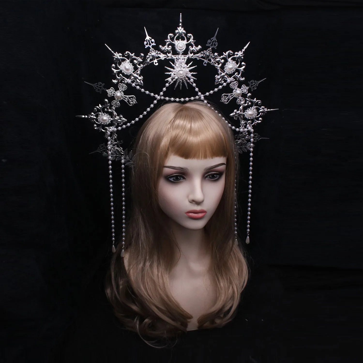 Virgin Mary Halo Crown Headpiece Lolita KC Headdress Angel Sun Cross Halo Goddess Metal Headband Baroque Tiara Hair Accessories