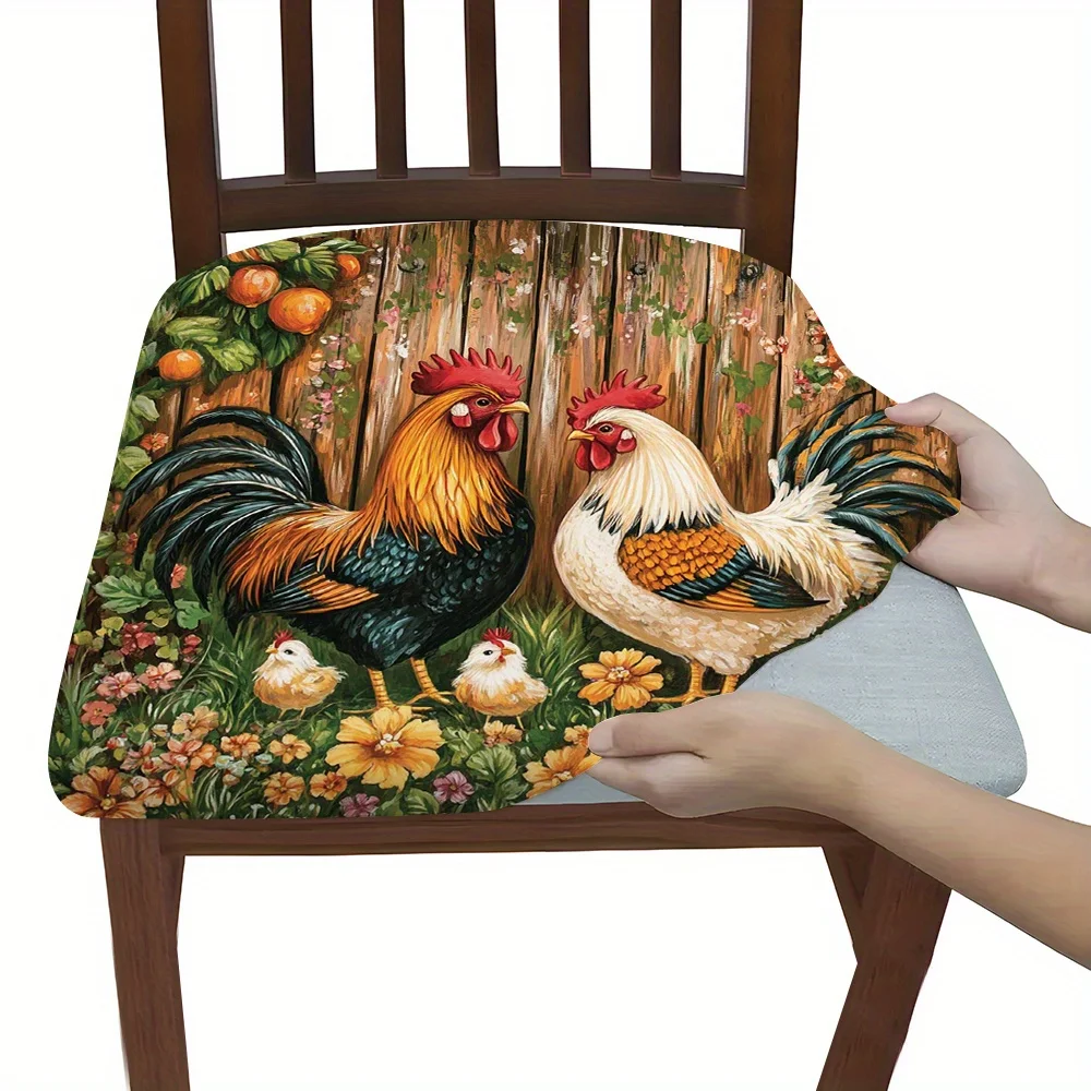 2/4/6pcs Chair Seat Slipcover,Rustic Farmhouse Rooster Flower Pattern Chair Protector for Dining Room