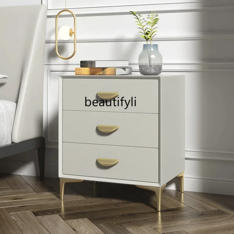 Q181  Stone Plate Bedside Table Bedroom Storage Three-Bucket Cabinet Nordic Solid Wood Leather Three Drawers Bedside Cabinet