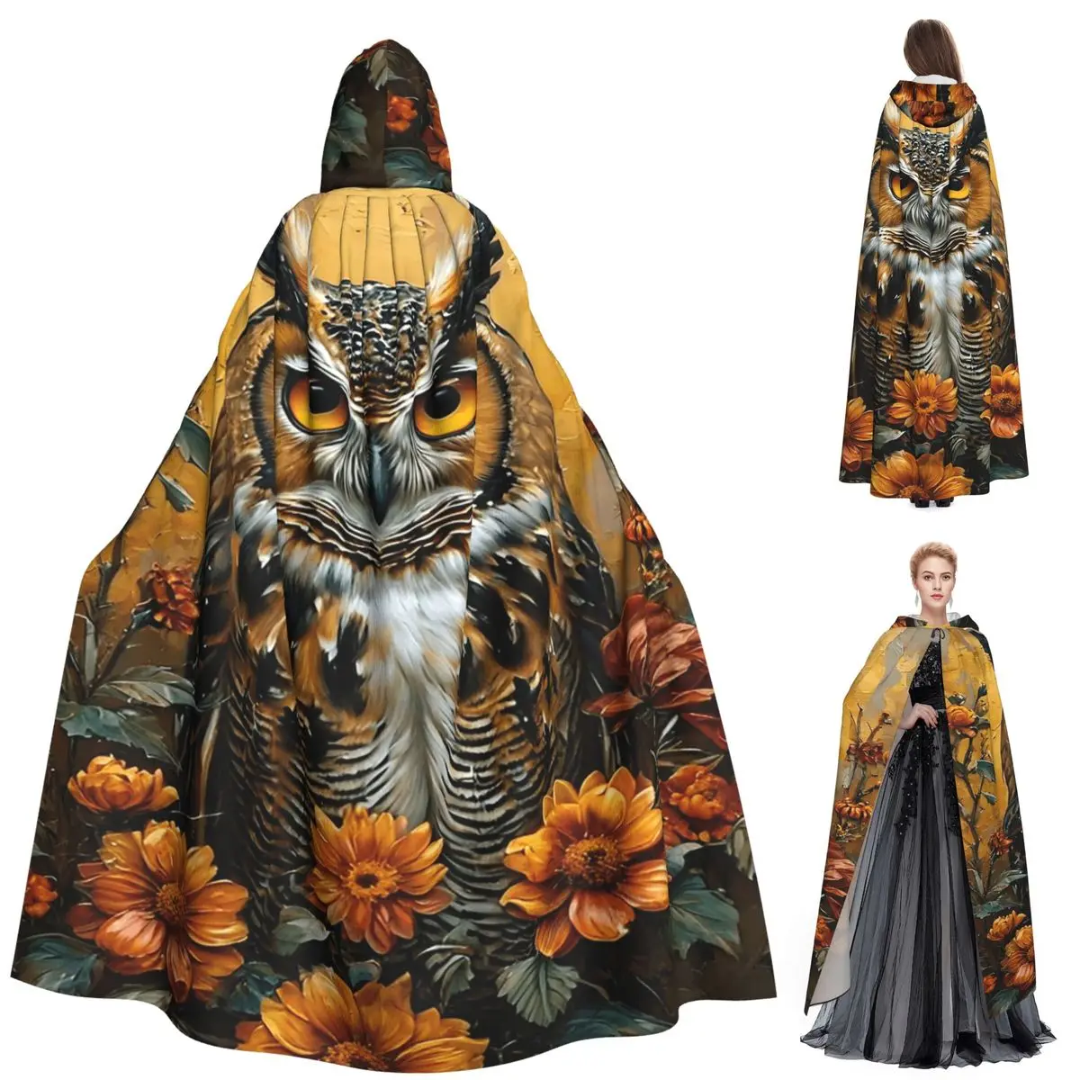 

Длинный плащ с капюшоном «Сова в цвете», средневековый костюм ведьмы, накидка для косплея, пальто на Хэллоуин для взрослых, унисекс