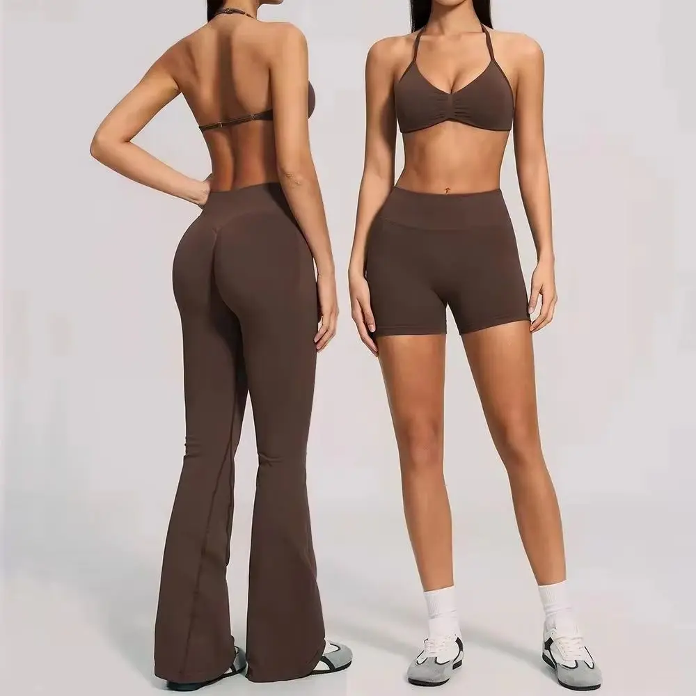 Seamless Ribbed 2PCS Yoga Outfit Halter Sports Bra Butt Lifting Pants Shorts Gym Clothing Fitness Training Workout Athletic Wear