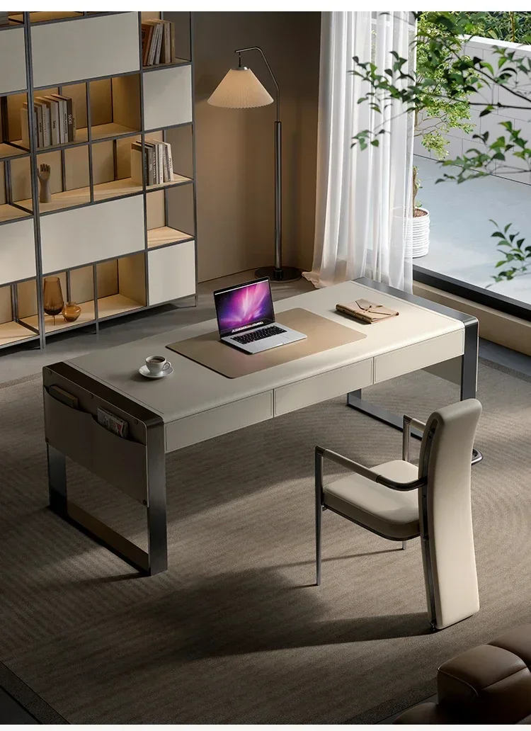

Saddle Leather Desk Home Study and Bedroom Writing Desk Computer Desk