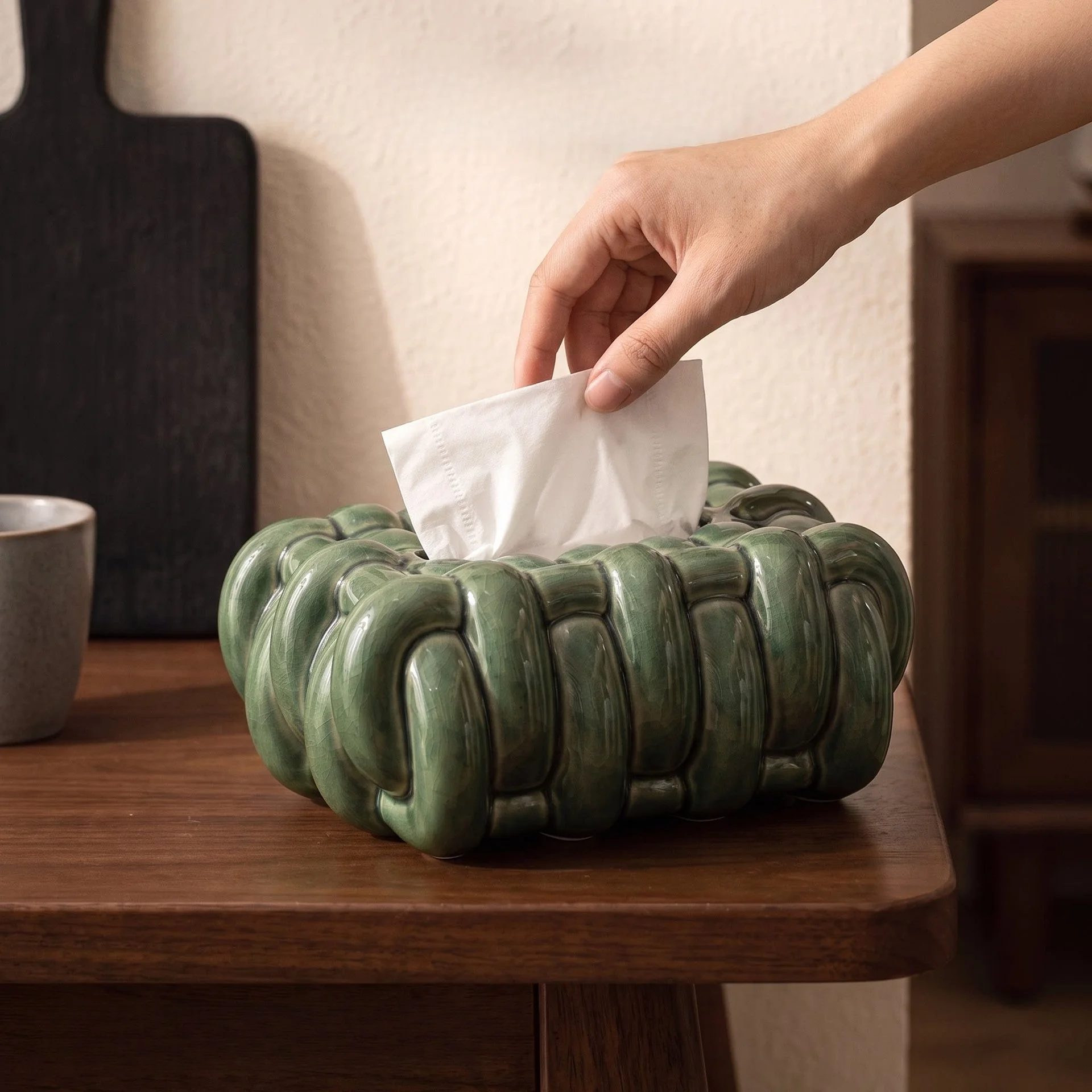 2027 Braided Knitted Ceramic Tissue Box Napkin Holder Minimalist Desktop Tissue Dispenser Living Room Bathroom Home Decor Orname