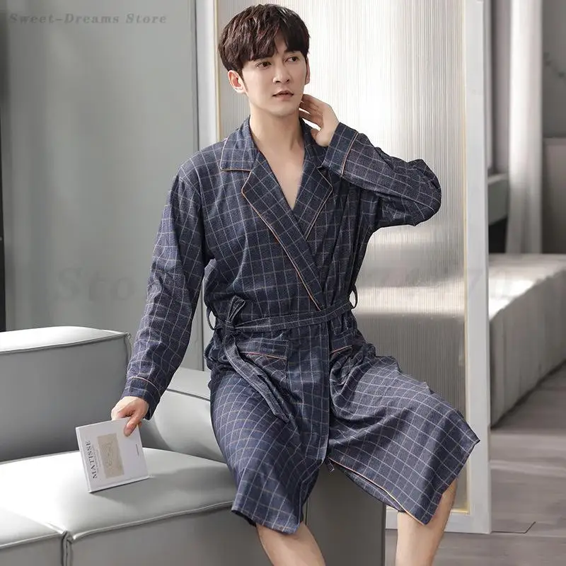 Pure Cotton Long Bath Robe Spring Autumn Plaid Bathrobe Men Sleepwear Kimono Robes For Male Full Bride Robe Dressing Gown M-4XL