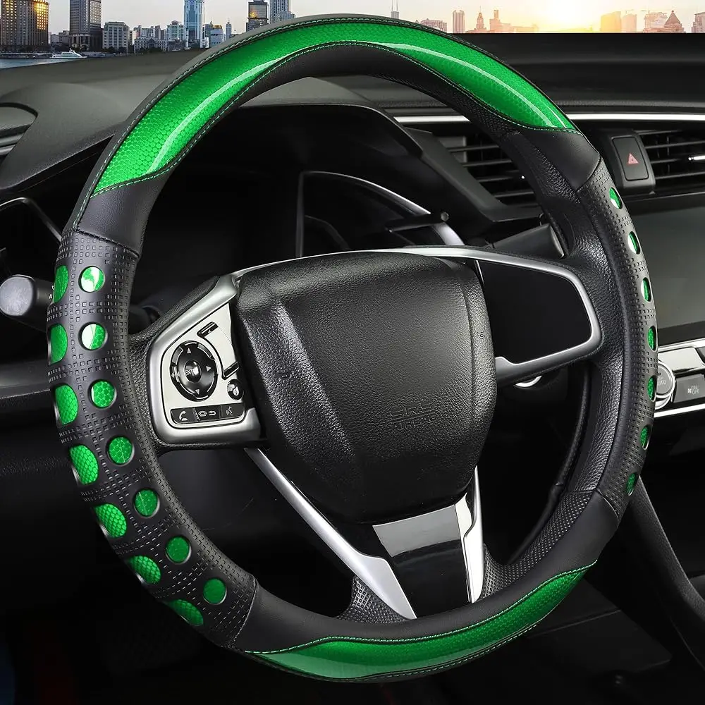 

PU Leather Car Steering Wheel Cover with Anti-Slip Grip, for Women and Men, Universal Fit for 14.5-15 Inch Cars, Trucks, SUVs