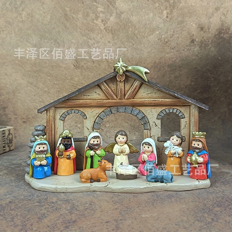 

Рождественский вертеп, ясли, сцена, фигурка из смолы, деревенский резной деревянный стол, центральная часть, домашний каминный декор для семьи, праздничный подарок