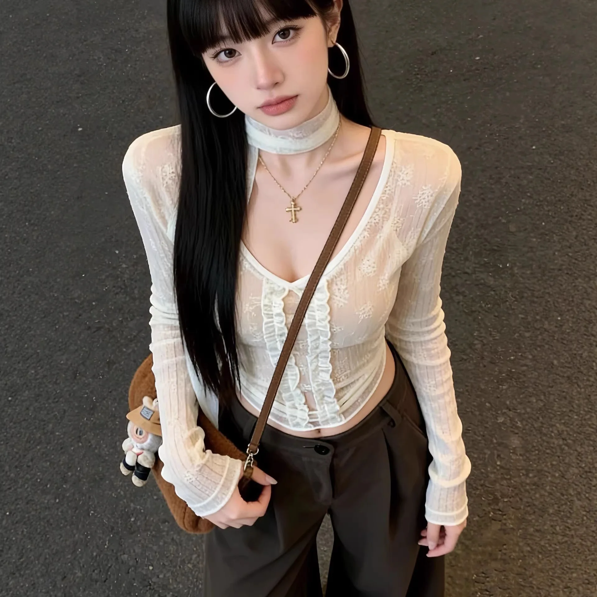 2026 New Women White Lace Trim V Neck Long Sleeve Top Unique Elegant Slim Fit Flattering Blouse for Early Autumn Daily Wear