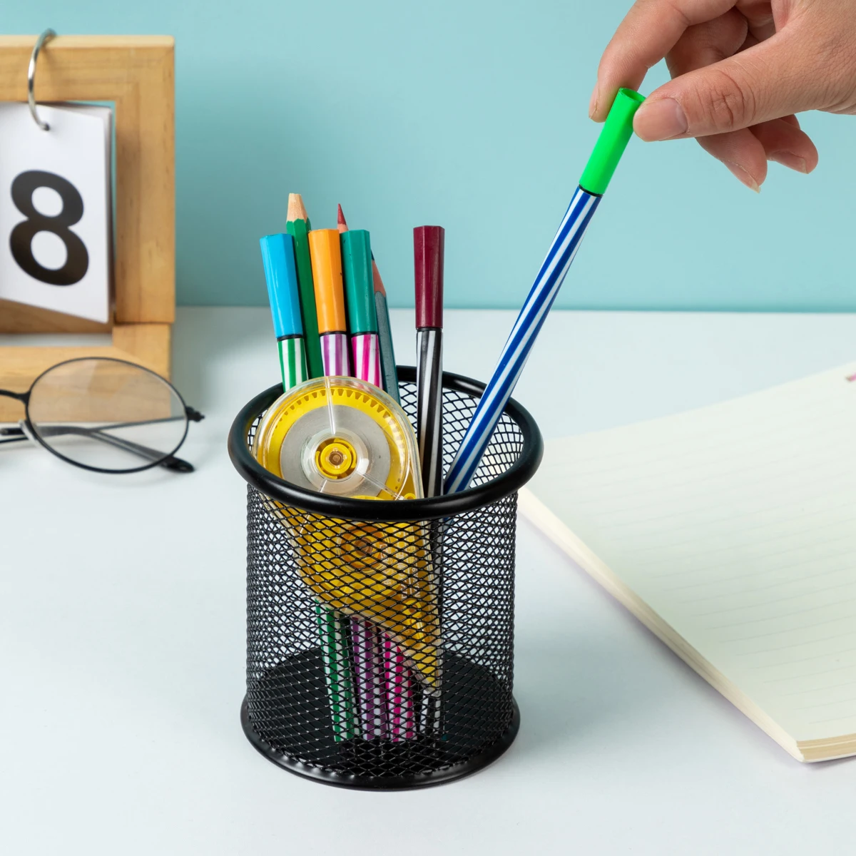 MOTARRO 1Pcs Pencil Holder Office Desk Metal Mesh Square Round Pen Pot Cup Case Container Organiser Durable Pencil Case