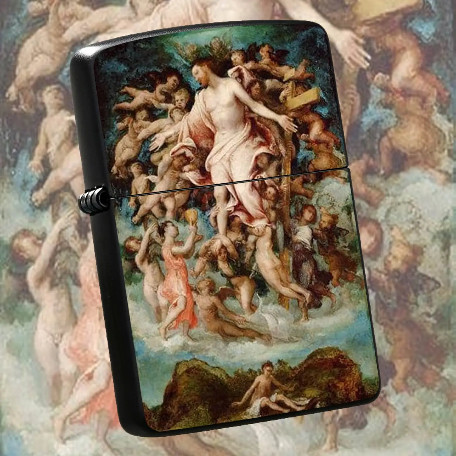 Vintage Religious Ascension Masterpiece Print Lighter, Exquisite Classical Cherub Figure Art Pattern Decor, Portable Versatile Ignition Tool For Daily Scenarios, Unique Artistic Aesthetic Gift For Family Friends And Art A Humorous And Inter