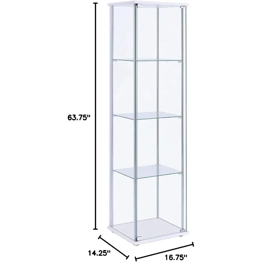 Baroque Bliss Cabinet for living room: white clear glass finish, glass metal construction, chrome finish, 4 shelves, 63.75 x 16