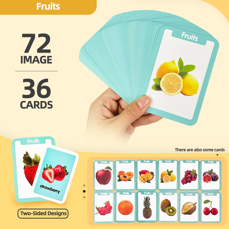 36 double-sided fruit cognitive cards, kidsren's enlightenment, reading pictures and learning, paper fun teaching cards