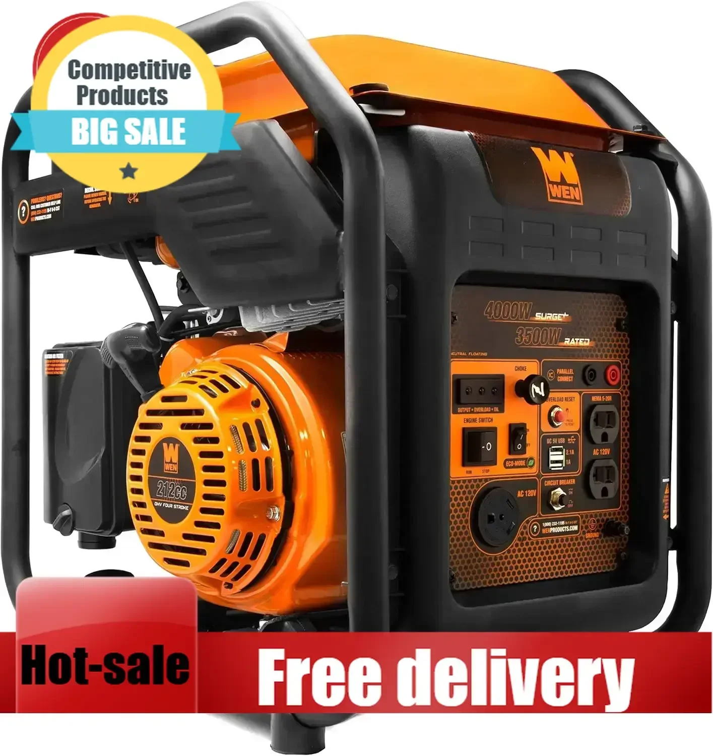 

Инверторный генератор Home Backup-Curated GN400i RV-Ready, 4000 Вт, открытая рама, соответствует стандартам CARB, черный/оранжевый