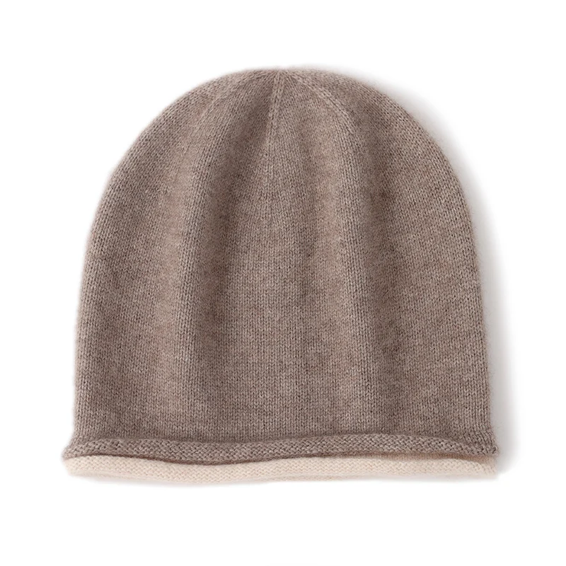 100% Cashmere Hat For Men And Women Warm Knitted Wool Hat Versatile Color-Blocked Rolled-Edge Beanie Cold-Proof